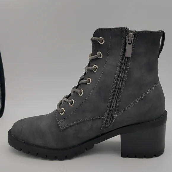Gray Women Combat Ankle Boots Chunky Mid Heels - Picture 3 of 5